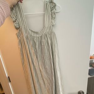 Floor length blue and white dress